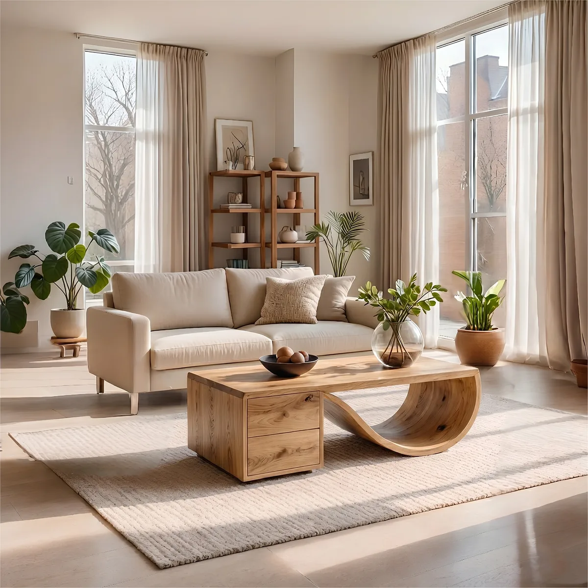 Modern Solid Wood Sculptural Coffee Table with Storage Drawers