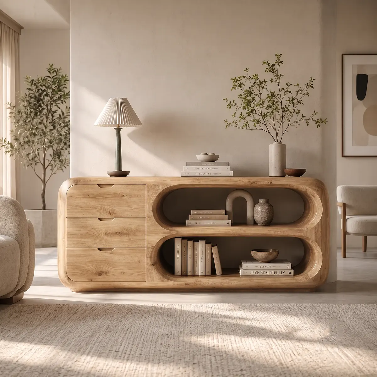 Modern Organic Storage Console Table – Contemporary Entryway Console with Drawers TT006-6037