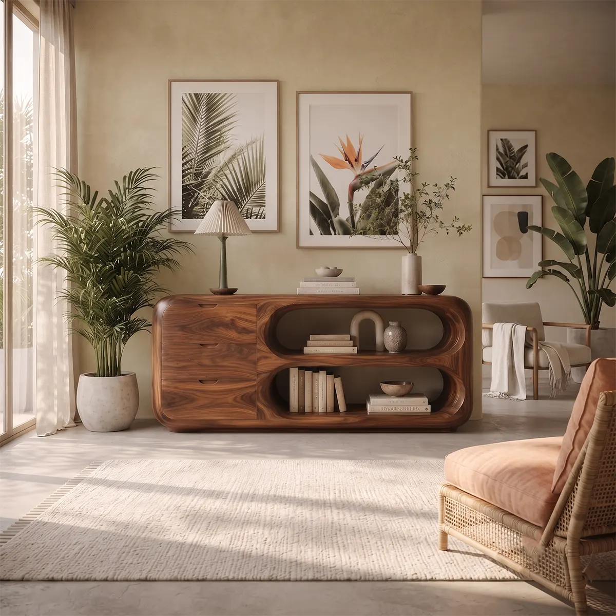 Modern Organic Storage Console Table – Contemporary Entryway Console with Drawers TT006-6037