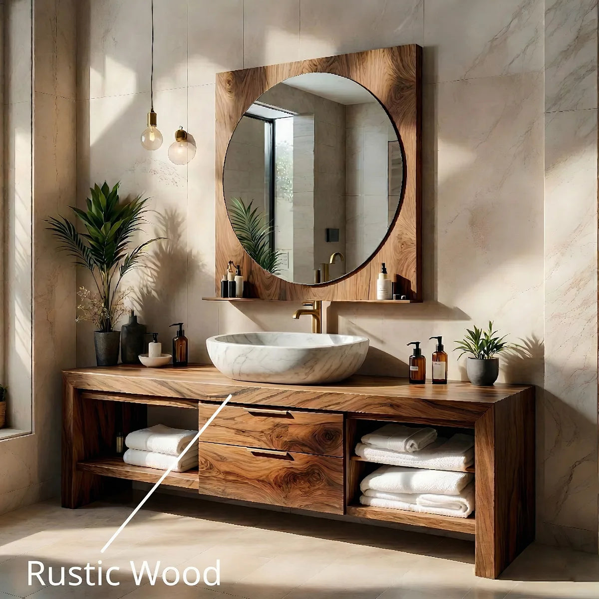 Solid Wood Bathroom Vanity with Open Shelves and 2 Center Drawers