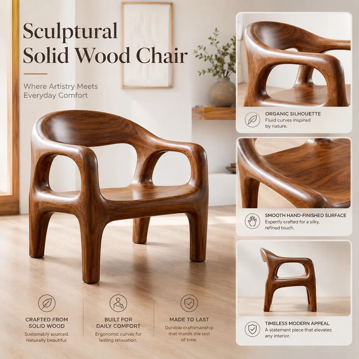 Organic Modern Solid Wood Accent Chair | Sculptural Wooden Dining Chair for Contemporary Interiors TT006-5535