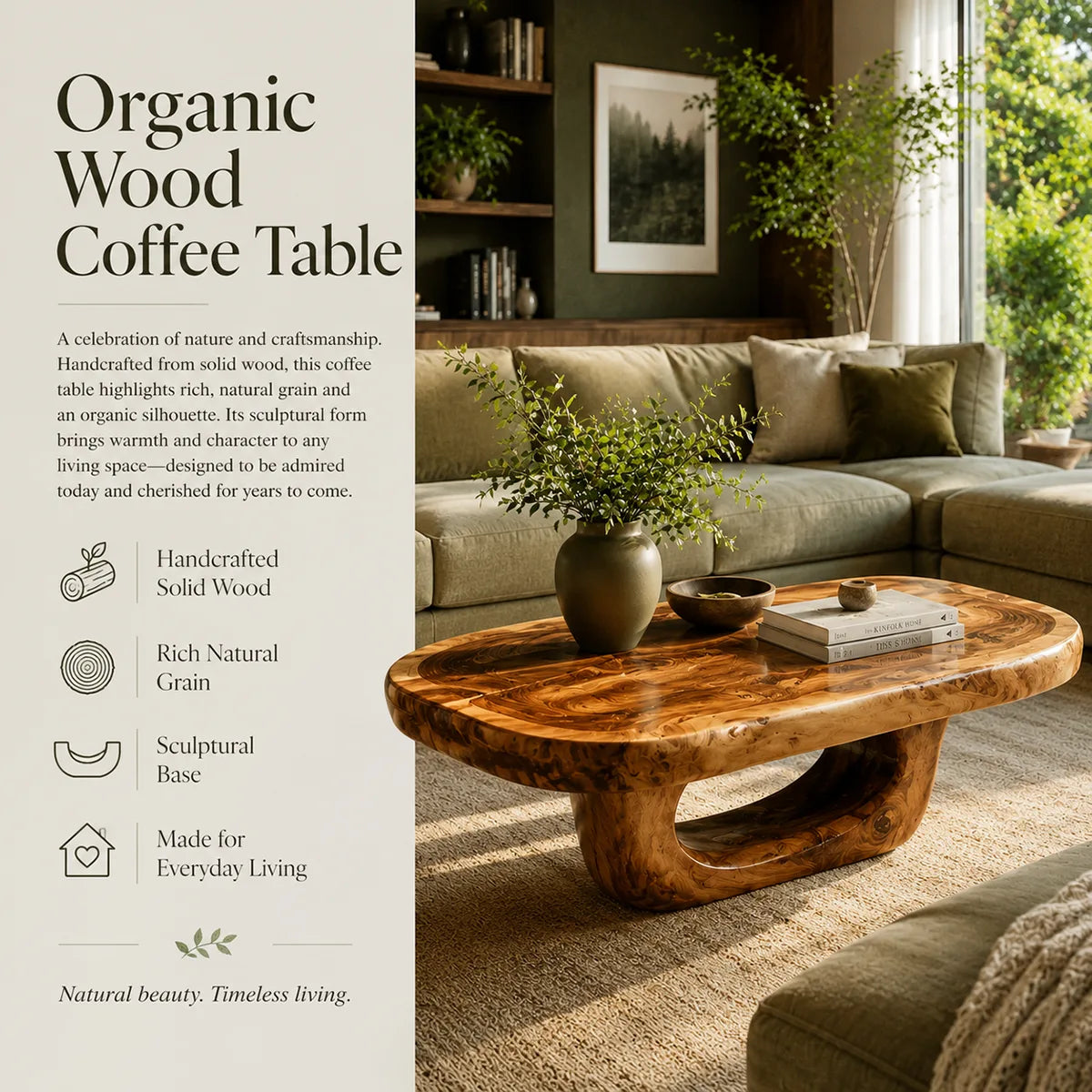 Organic Solid Wood Coffee Table | Sculptural Hardwood Coffee Table for Modern Living Room TT006-2961