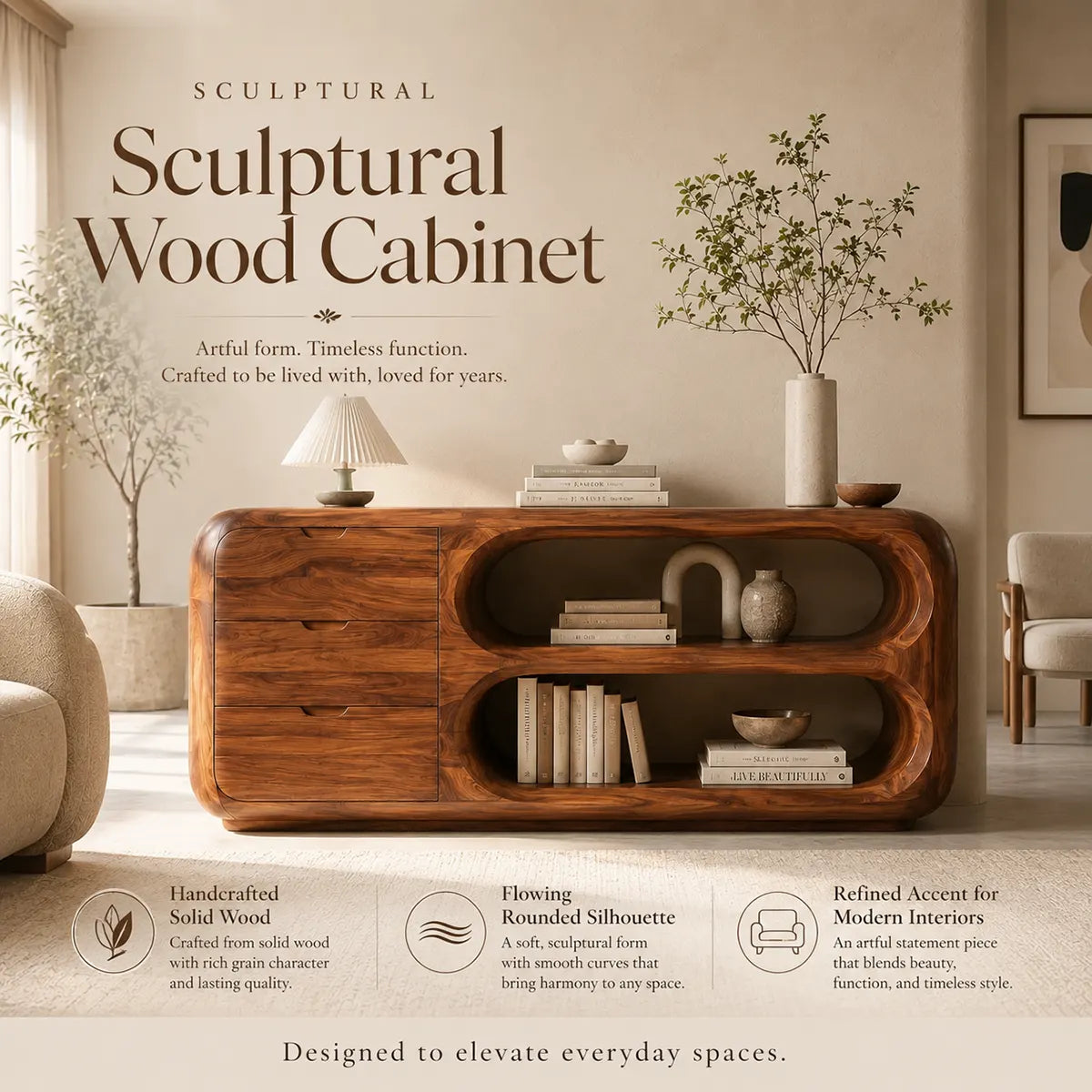 Modern Organic Storage Console Table – Contemporary Entryway Console with Drawers TT006-6037