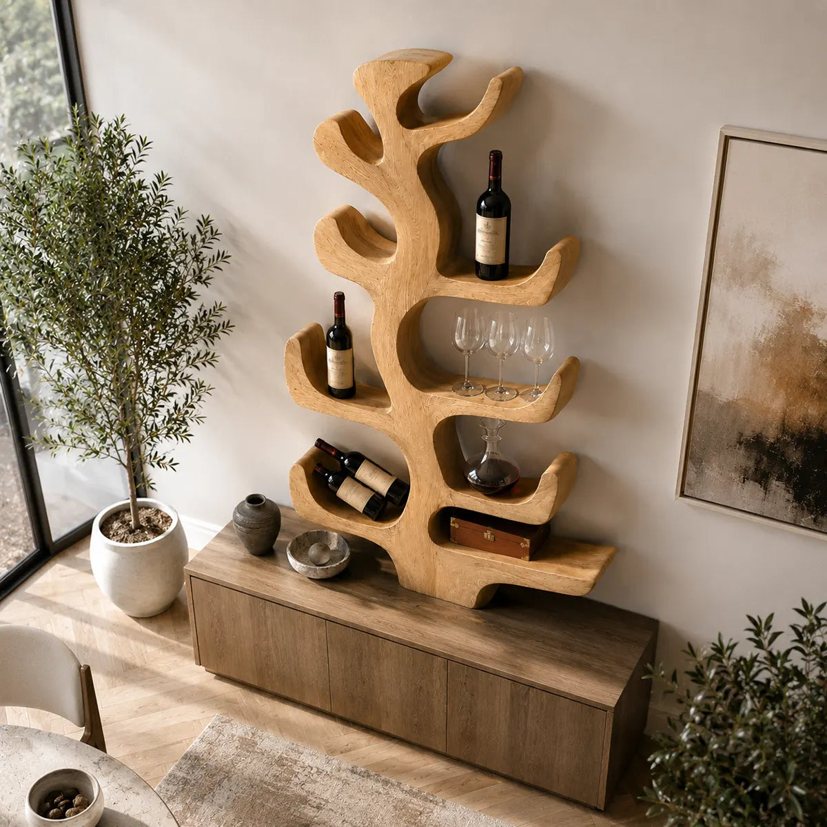 Sculptural Solid Wood Tree Wine Holder for Dining Rooms, Home Bars & Wine Lovers TT006-4348
