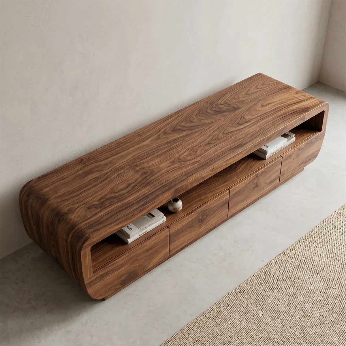 Modern Solid Wood Asymmetrical Rounded TV Stand