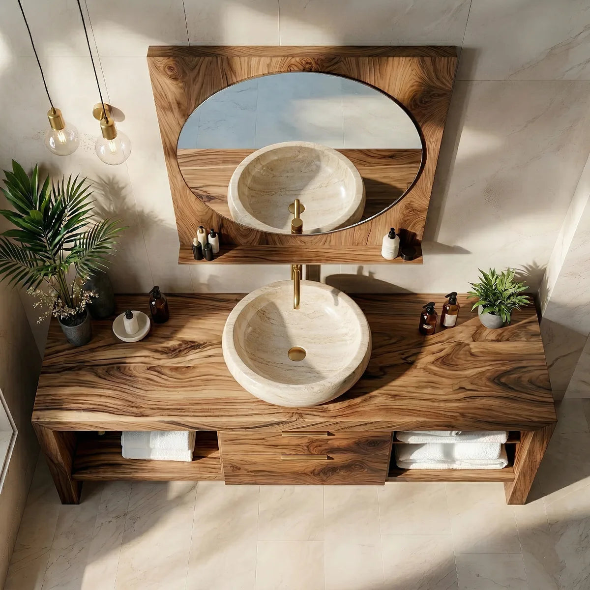 Solid Wood Bathroom Vanity with Open Shelves and 2 Center Drawers