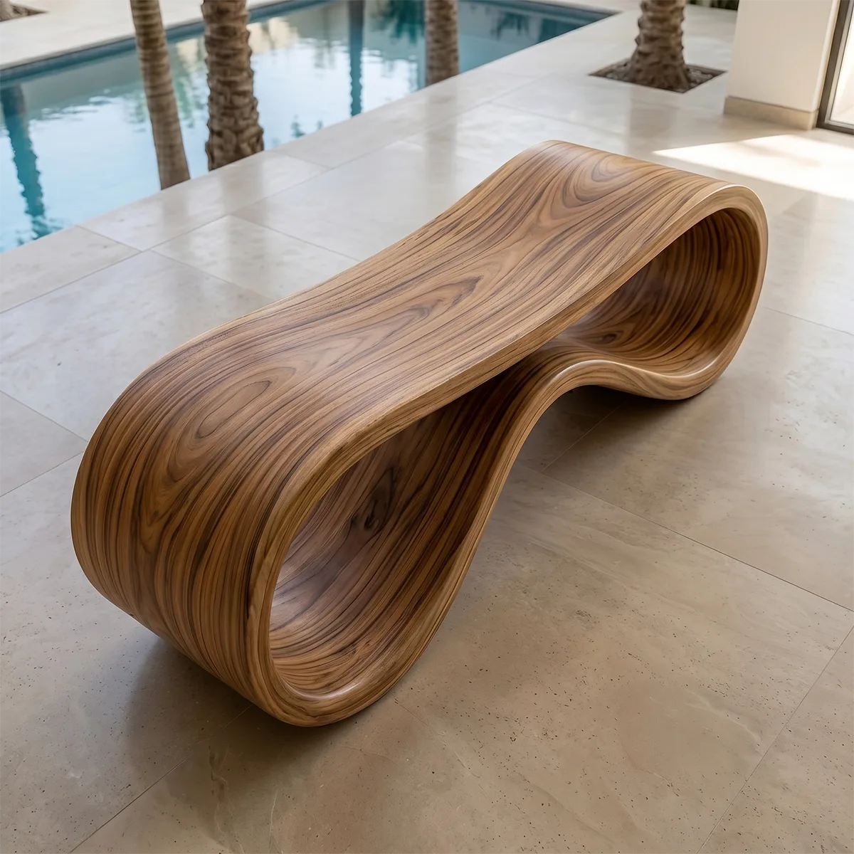 Handcrafted Solid Wood Outdoor Bench Infinity Wave Sculptural Patio Bench