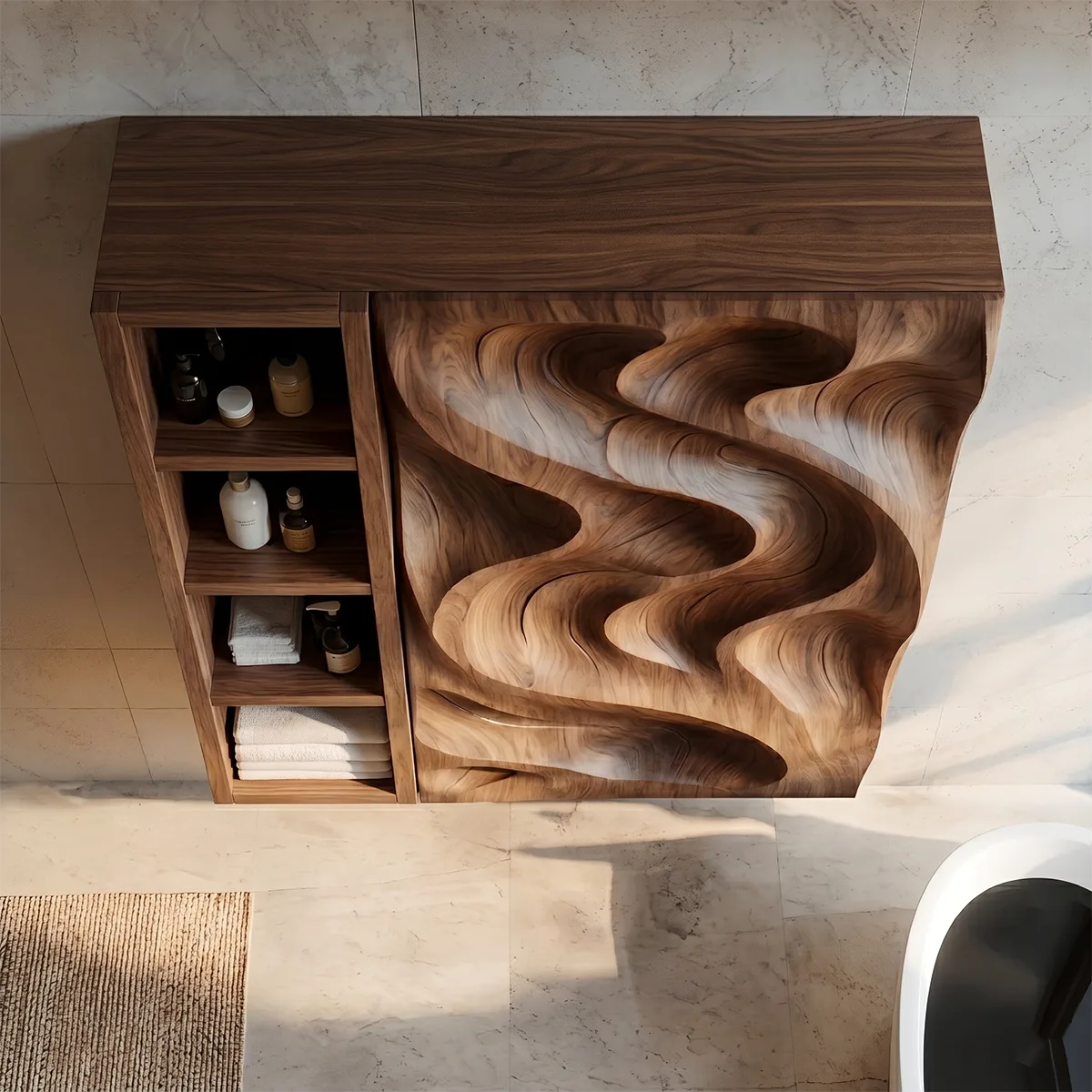 Solid Wood Wall Storage Cabinet Handcrafted Carved Wave Bathroom Cabinet