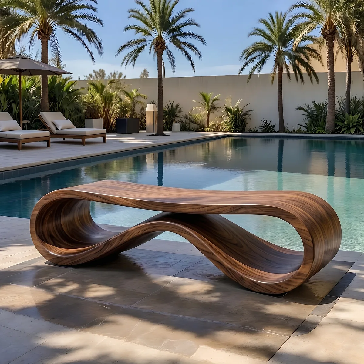 Handcrafted Solid Wood Outdoor Bench Infinity Wave Sculptural Patio Bench