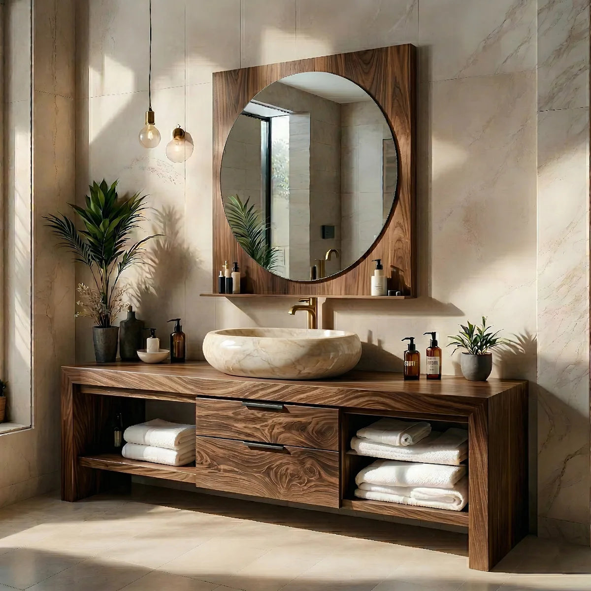 Solid Wood Bathroom Vanity with Open Shelves and 2 Center Drawers