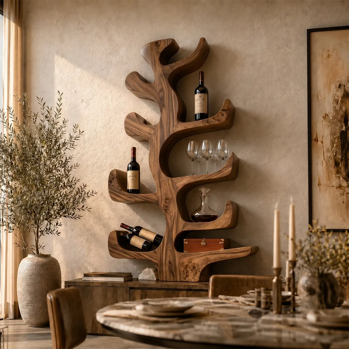 Sculptural Solid Wood Tree Wine Holder for Dining Rooms, Home Bars & Wine Lovers TT006-4348
