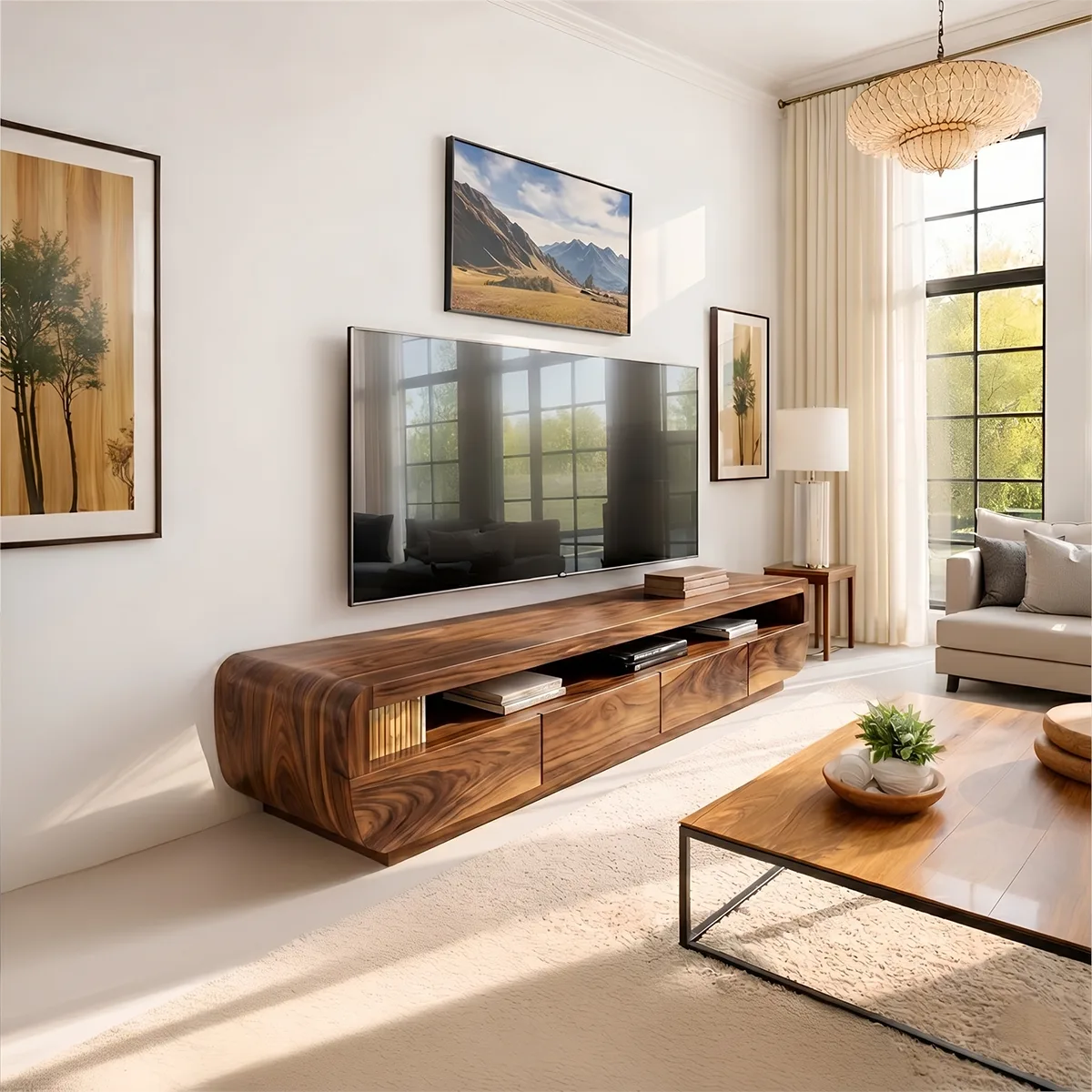 Modern Solid Wood Asymmetrical Rounded TV Stand