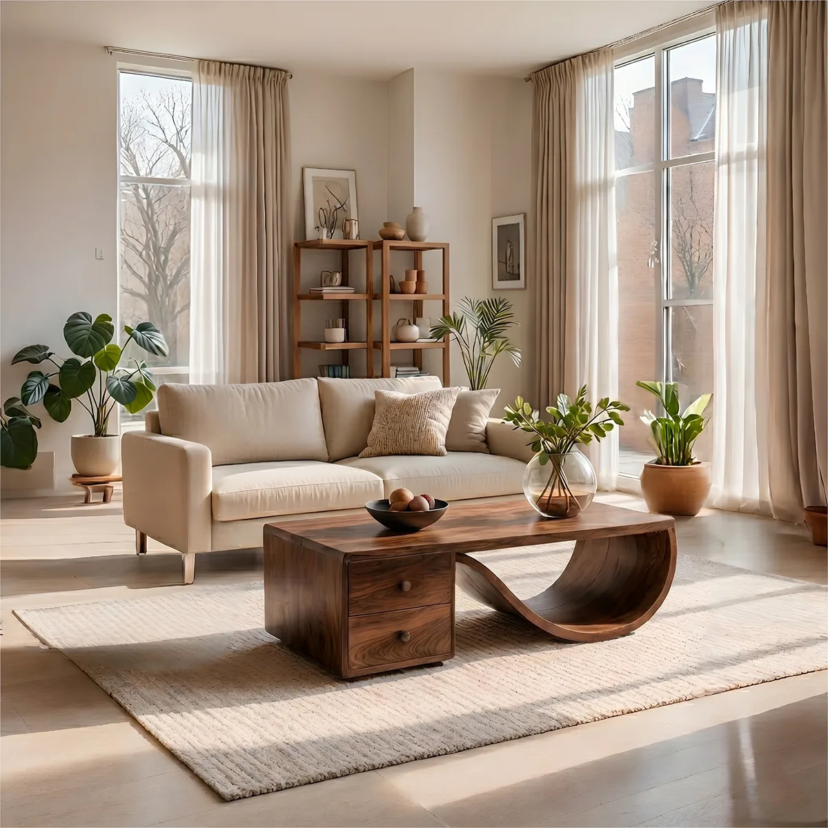 Modern Solid Wood Sculptural Coffee Table with Storage Drawers