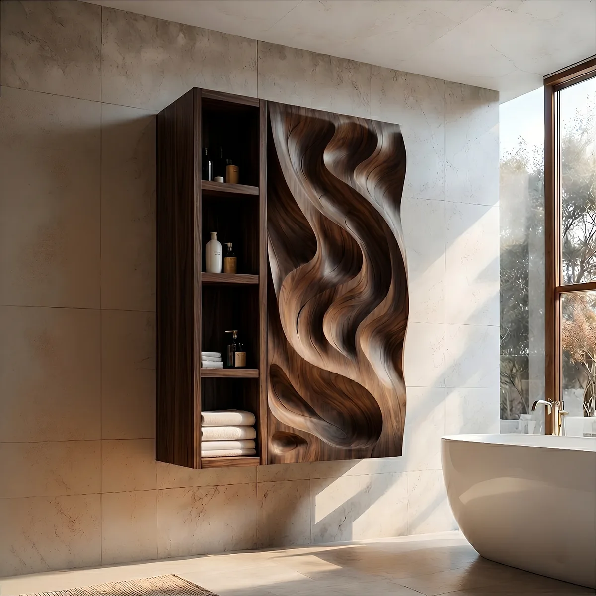 Solid Wood Wall Storage Cabinet Handcrafted Carved Wave Bathroom Cabinet