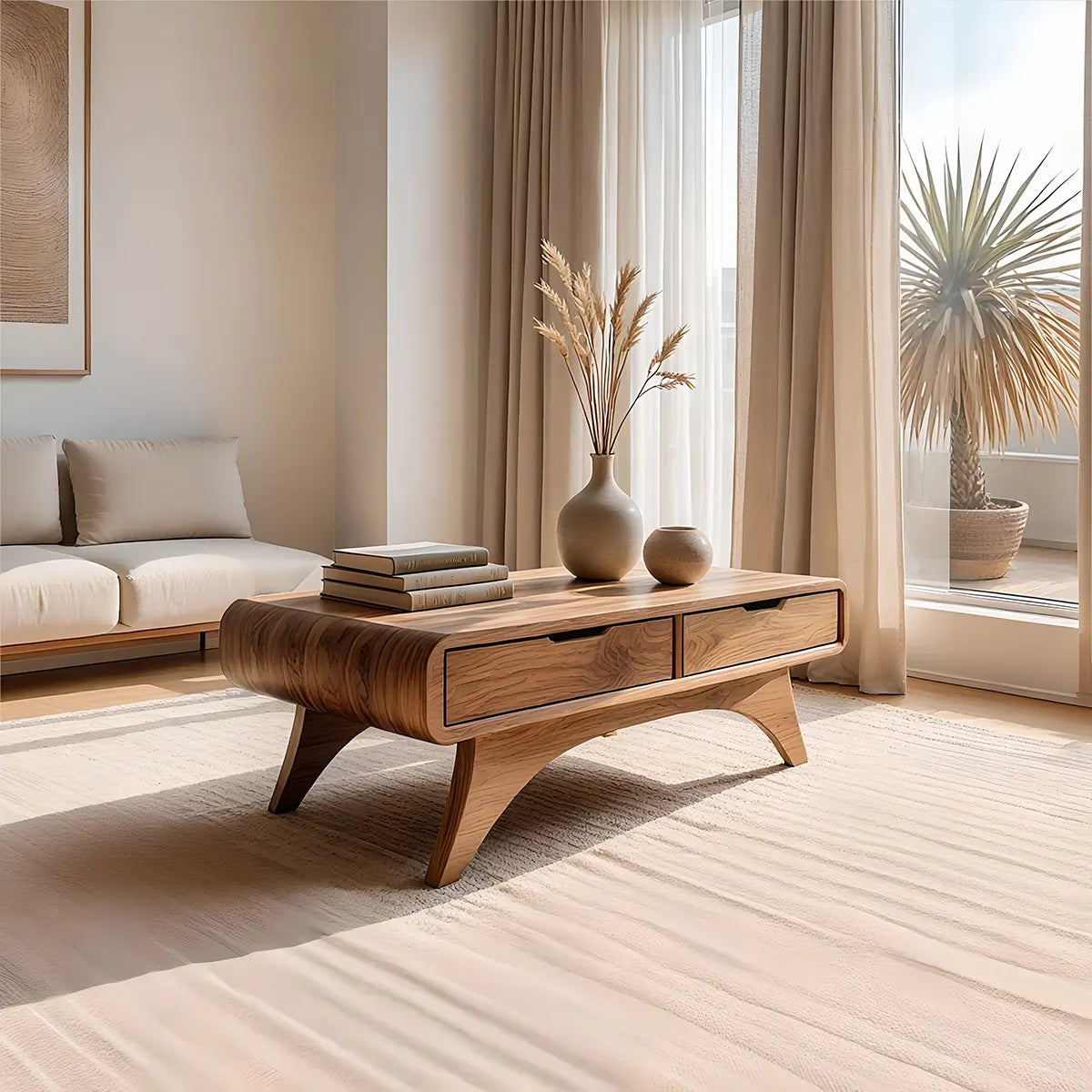 Mid Century Modern Solid Wood Coffee Table with Storage Drawers