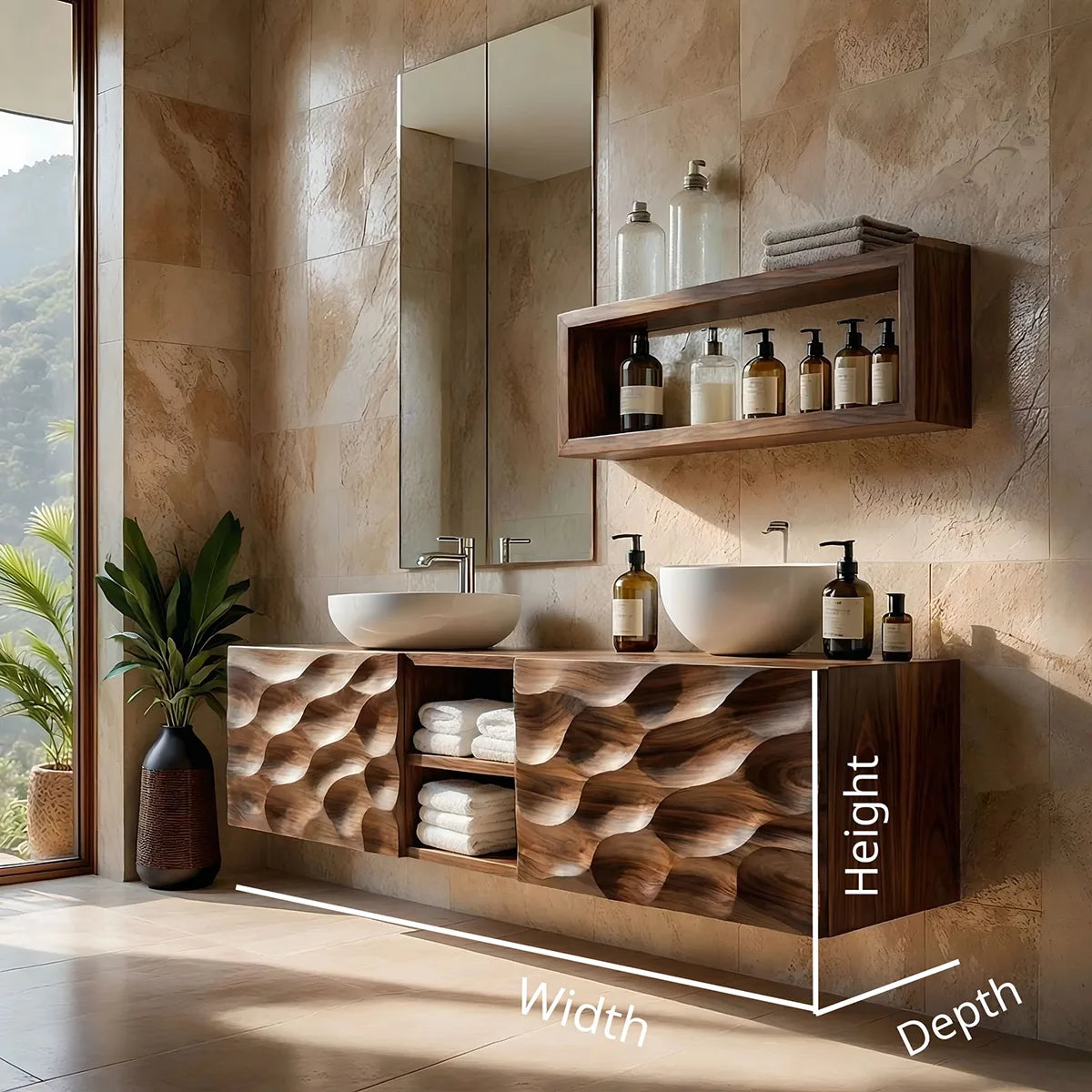 Floating Solid Wood Bathroom Vanity with Carved Doors and Open Center Shelf