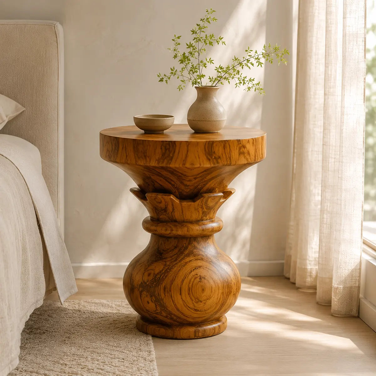 Sculptural Lotus Pedestal Wood End Table | Round Statement Side Table TT006-6BCF9JT