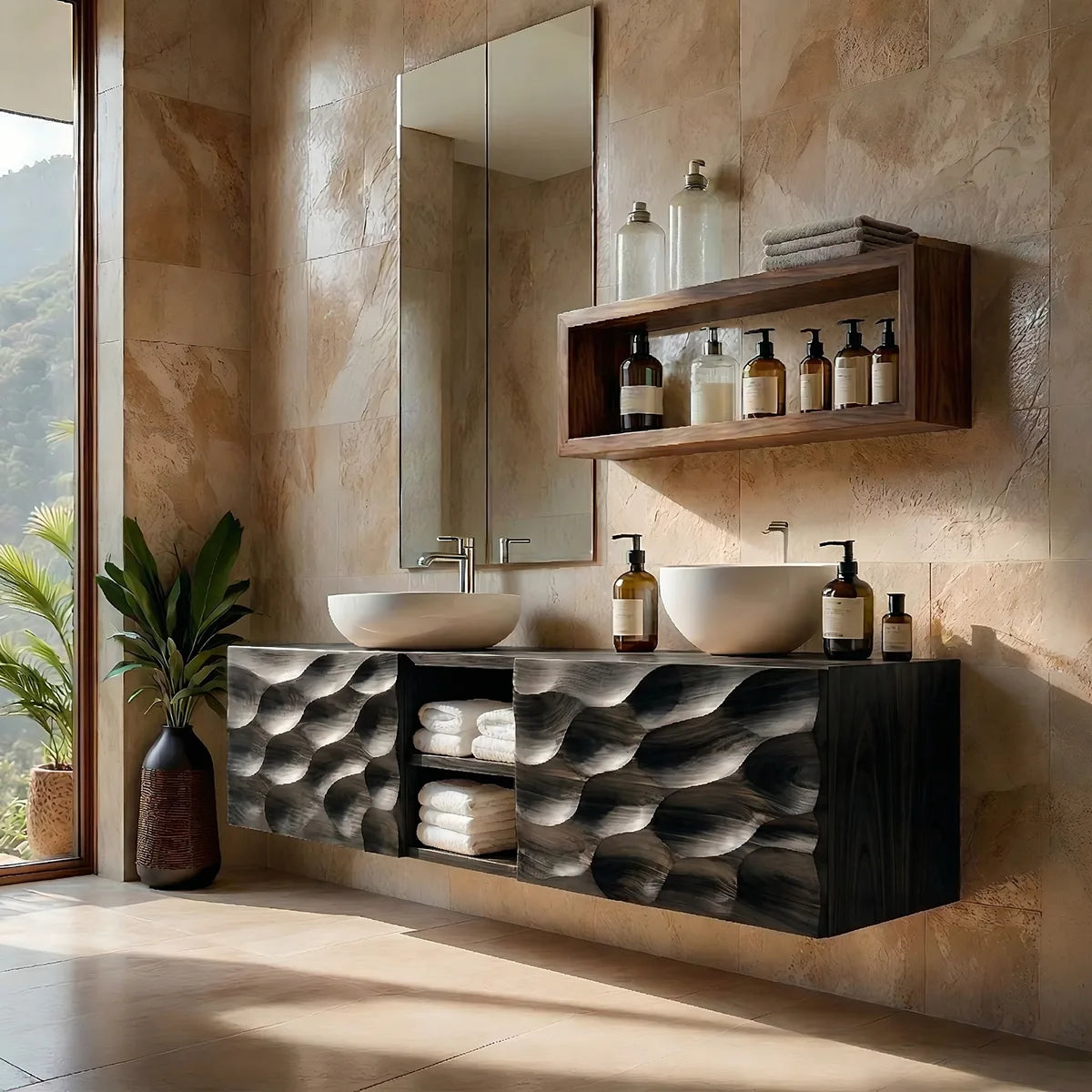 Floating Solid Wood Bathroom Vanity with Carved Doors and Open Center Shelf
