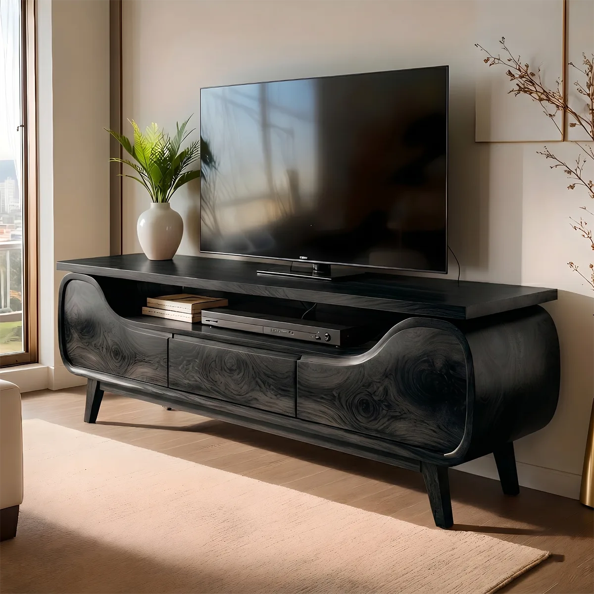 Mid Century Modern Solid Wood Sculptural TV Stand