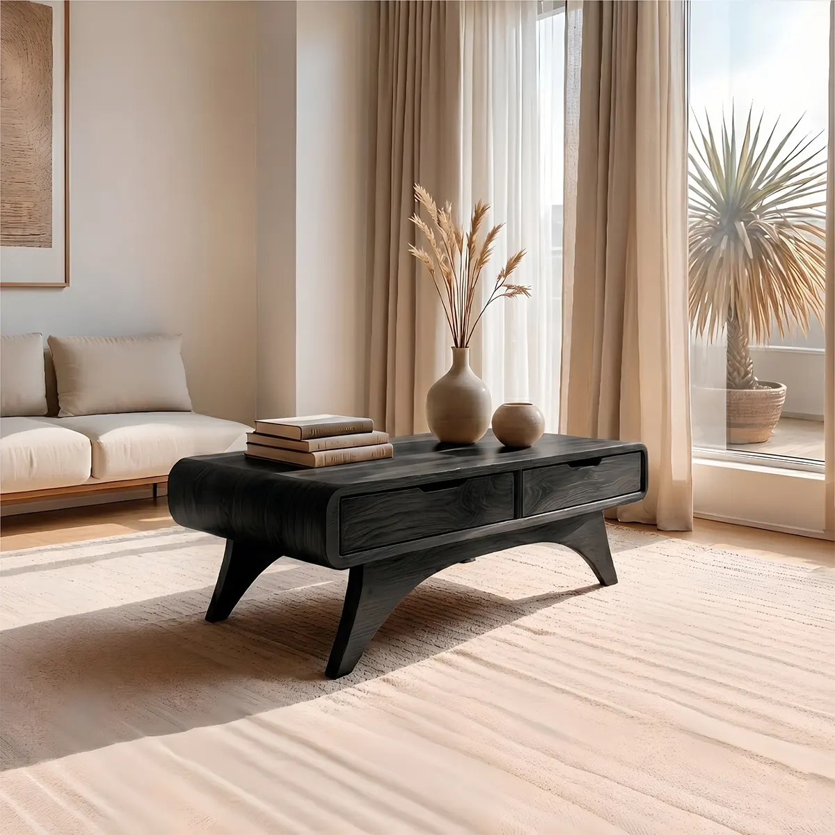 Mid Century Modern Solid Wood Coffee Table with Storage Drawers