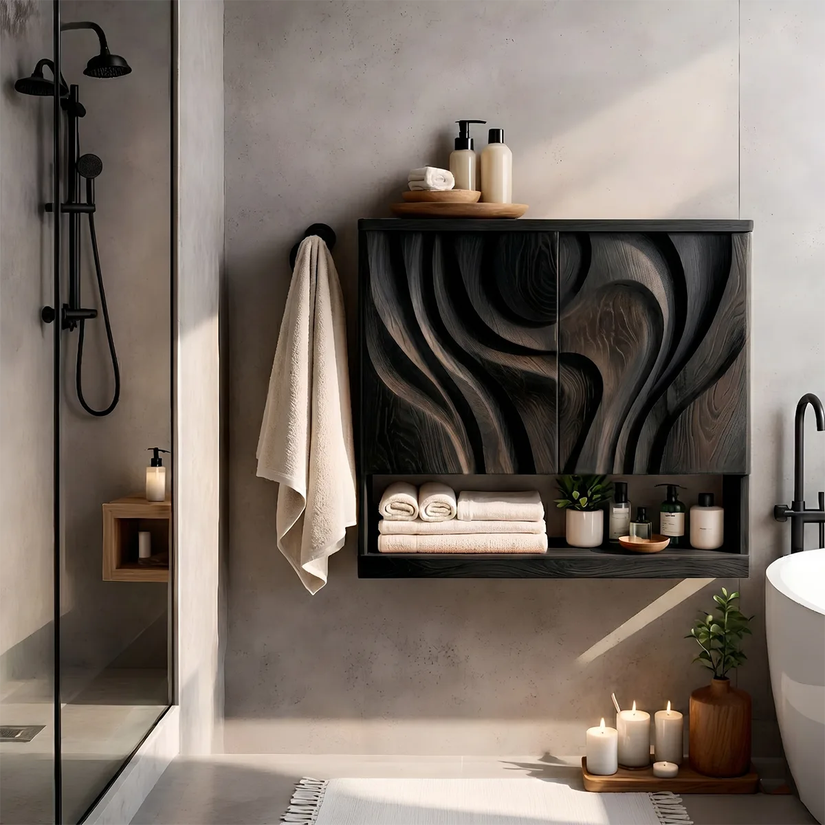 Solid Wood Floating Wall Cabinet Handcrafted Wave Front Bathroom Storage Cabinet