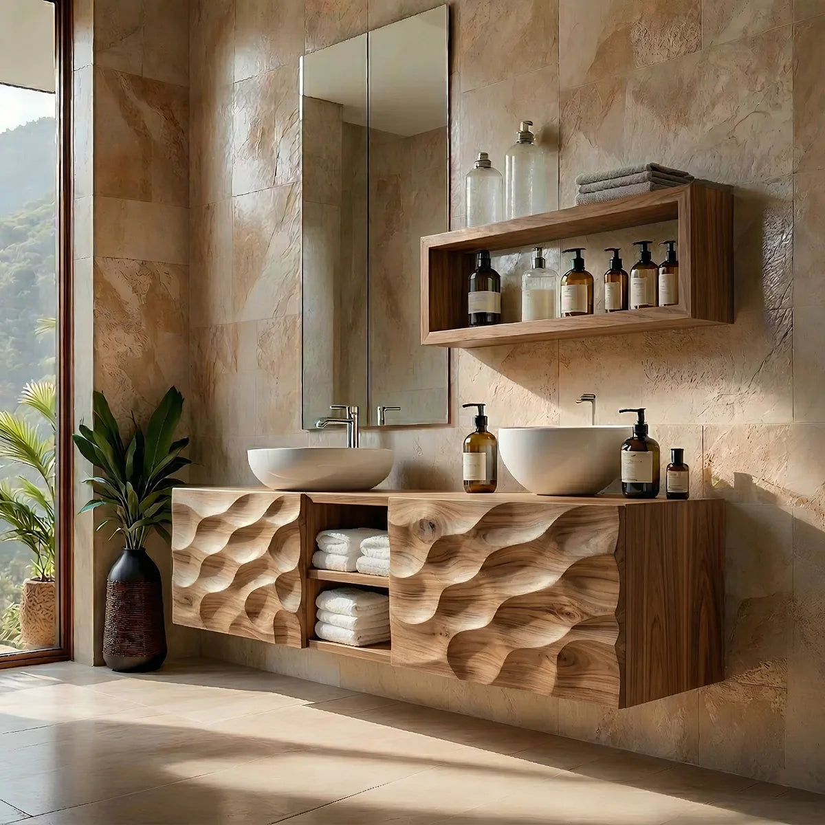 Floating Solid Wood Bathroom Vanity with Carved Doors and Open Center Shelf