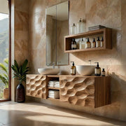Floating Solid Wood Bathroom Vanity with Carved Doors and Open Center Shelf
