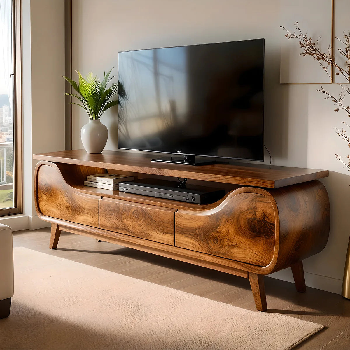 Mid Century Modern Solid Wood Sculptural TV Stand