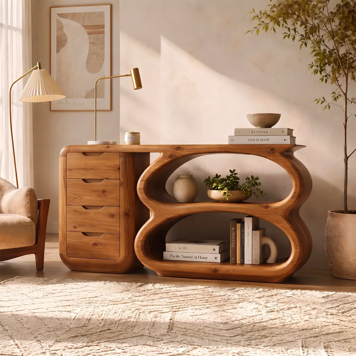 Modern Organic Storage Console Table with Drawers & Open Shelves | Solid Wood Entryway Console TT006-4338