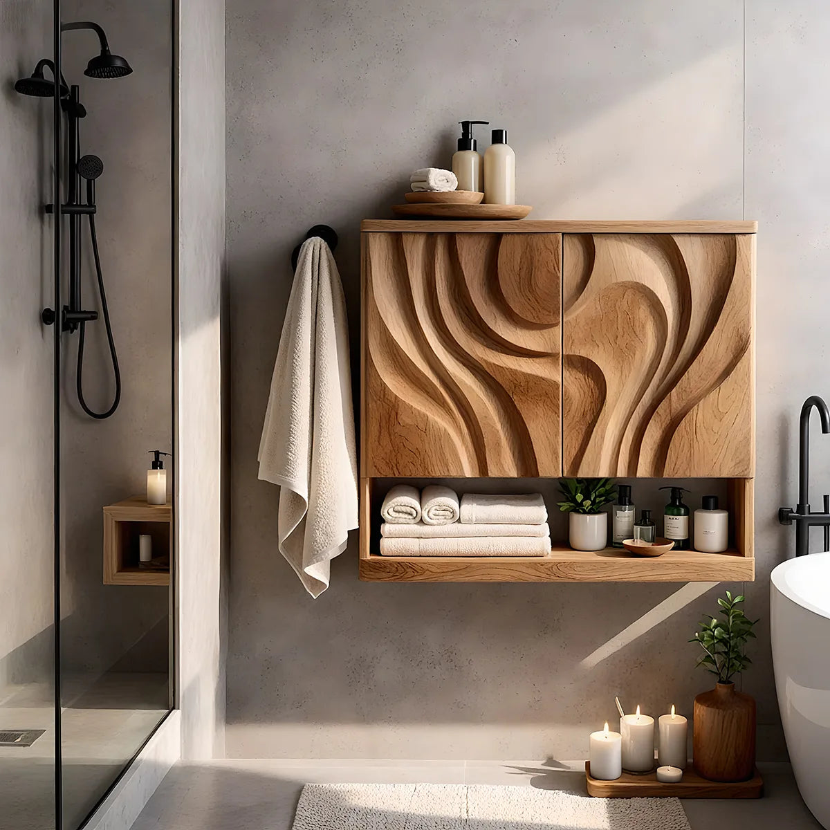 Solid Wood Floating Wall Cabinet Handcrafted Wave Front Bathroom Storage Cabinet