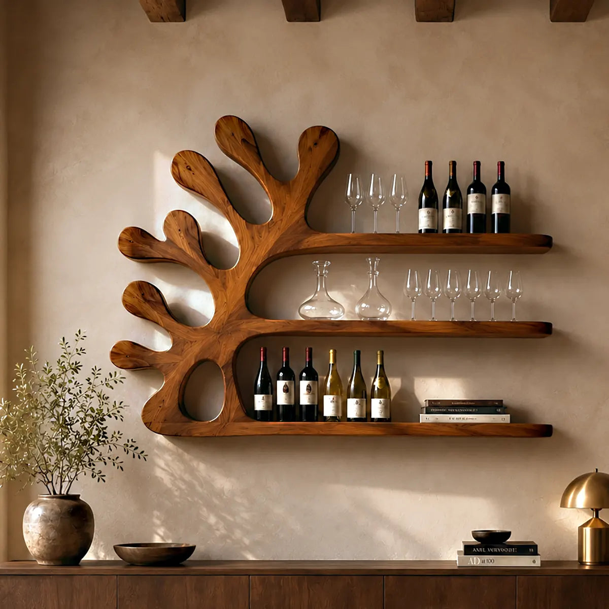 Sculptural Solid Wood Tree Wall Wine Rack for Home Bars & Wine Lovers TT006-9897