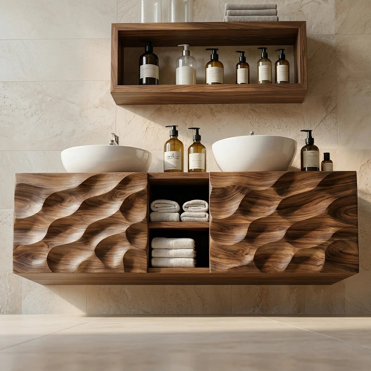 Floating Solid Wood Bathroom Vanity with Carved Doors and Open Center Shelf