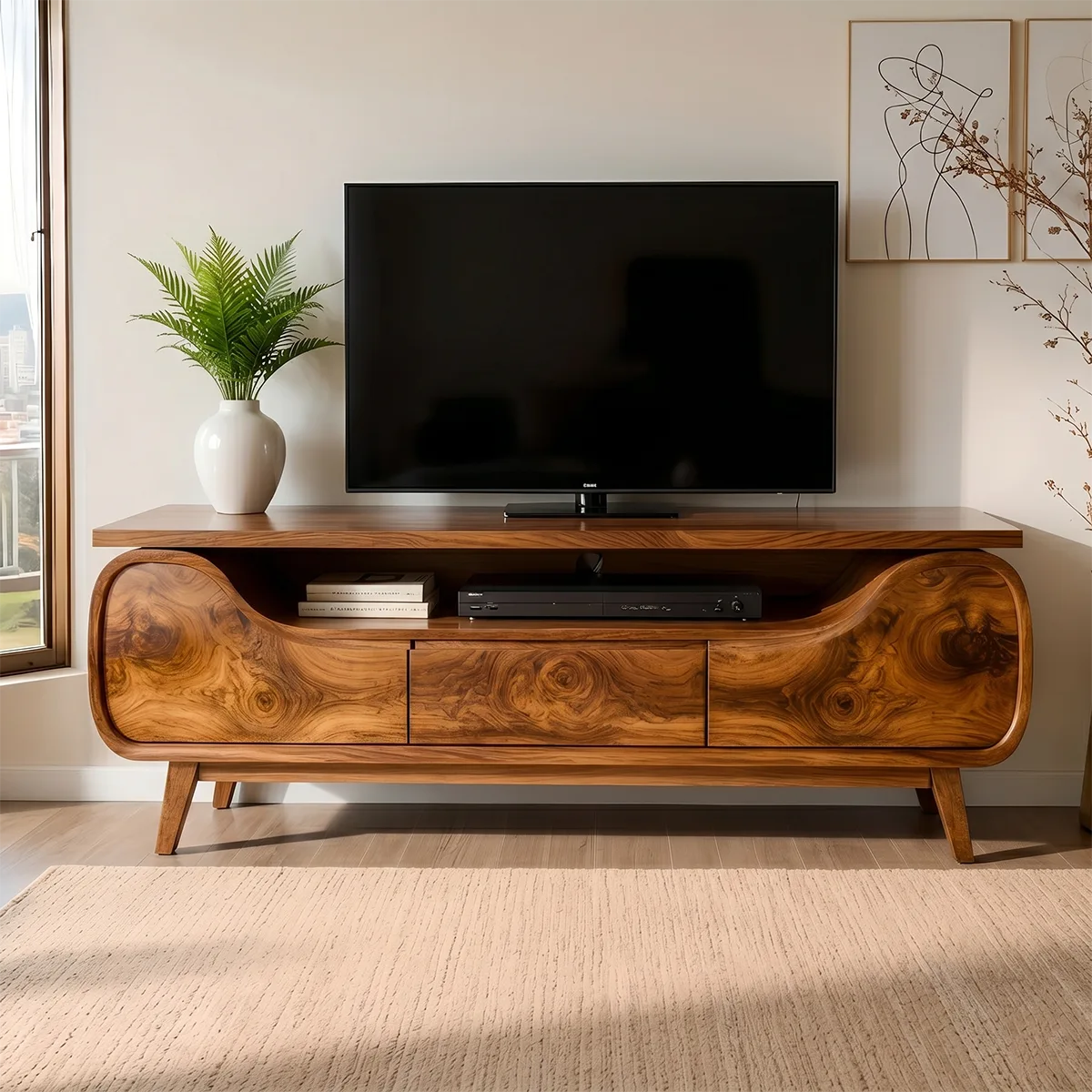Mid Century Modern Solid Wood Sculptural TV Stand