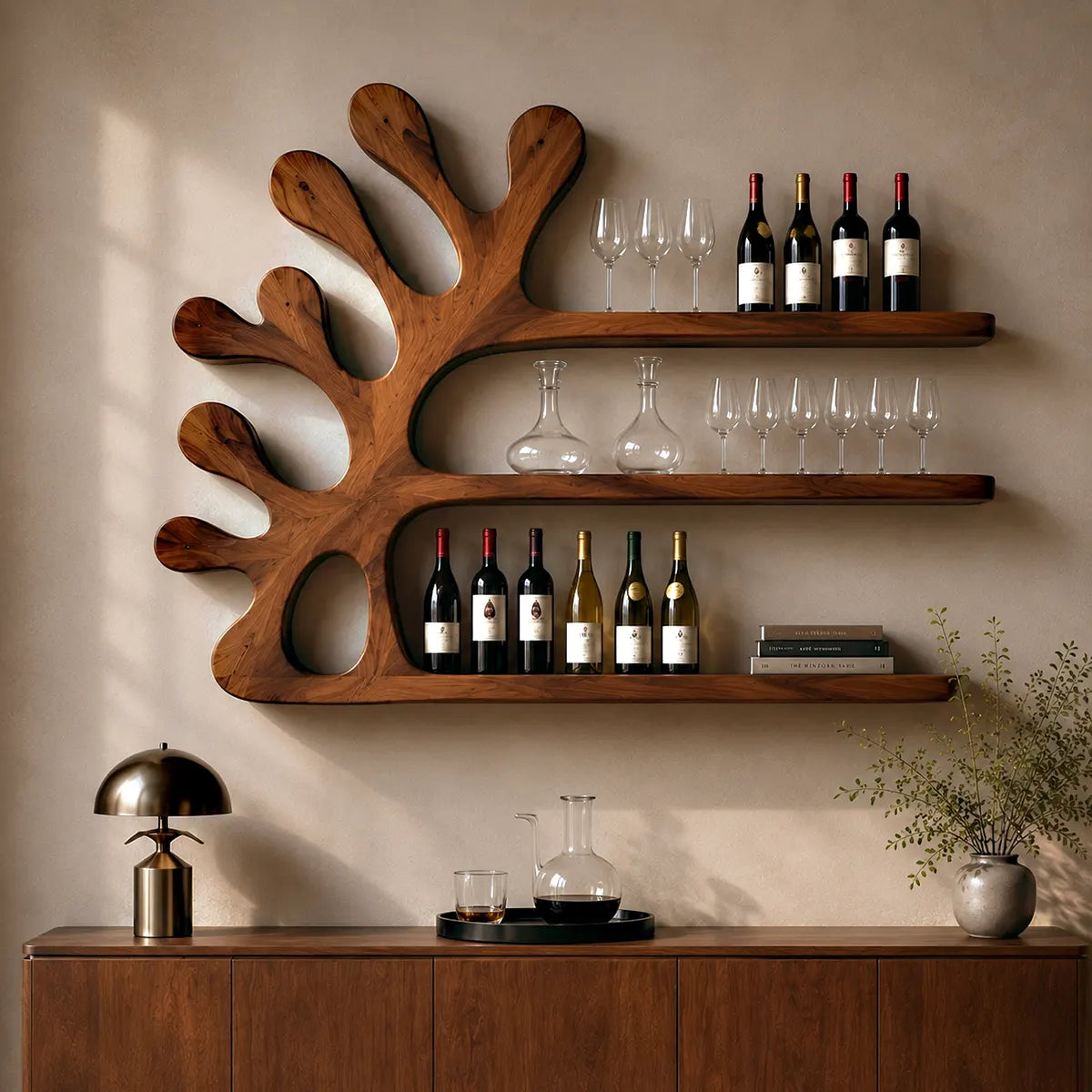 Sculptural Solid Wood Tree Wall Wine Rack for Home Bars & Wine Lovers TT006-9897