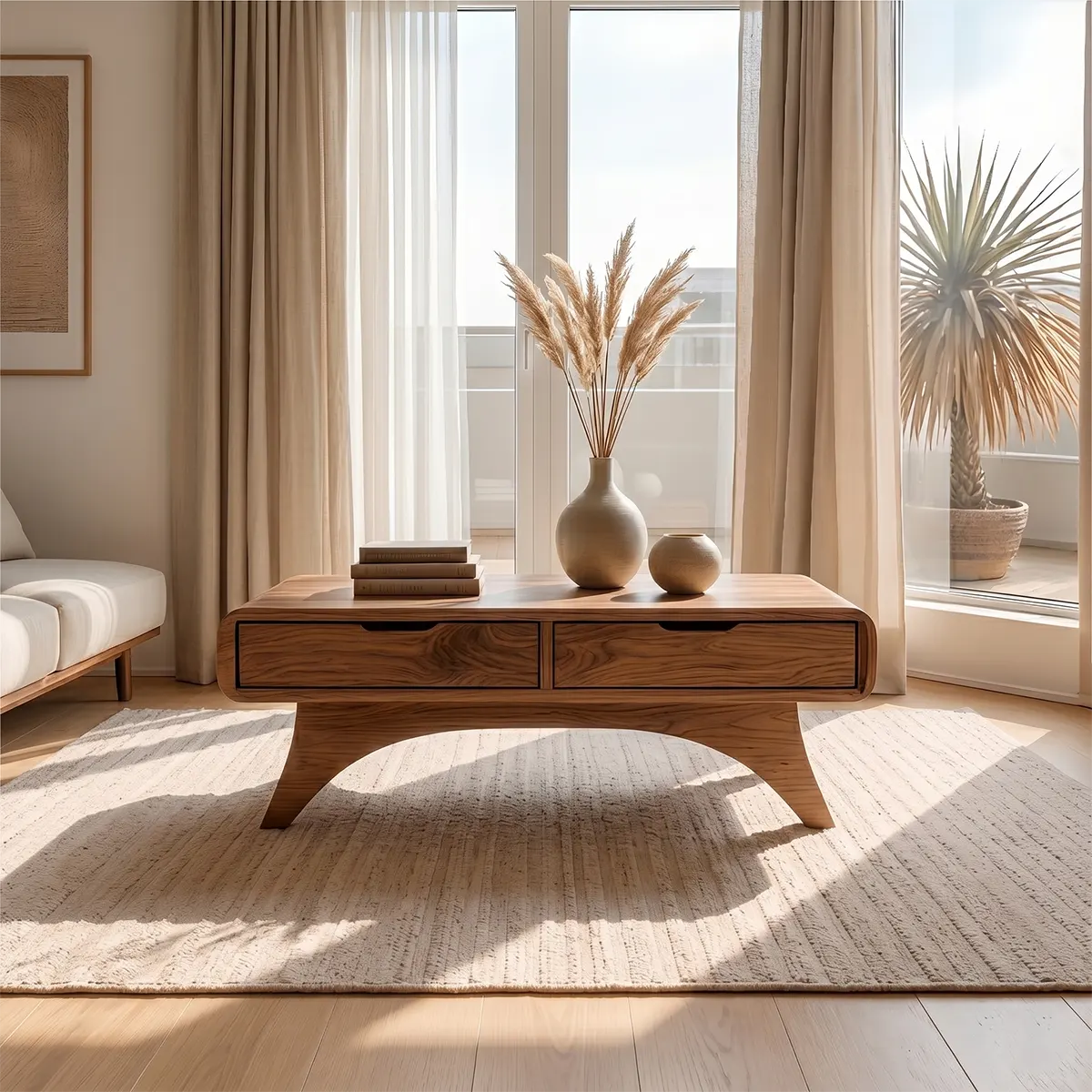 Mid Century Modern Solid Wood Coffee Table with Storage Drawers