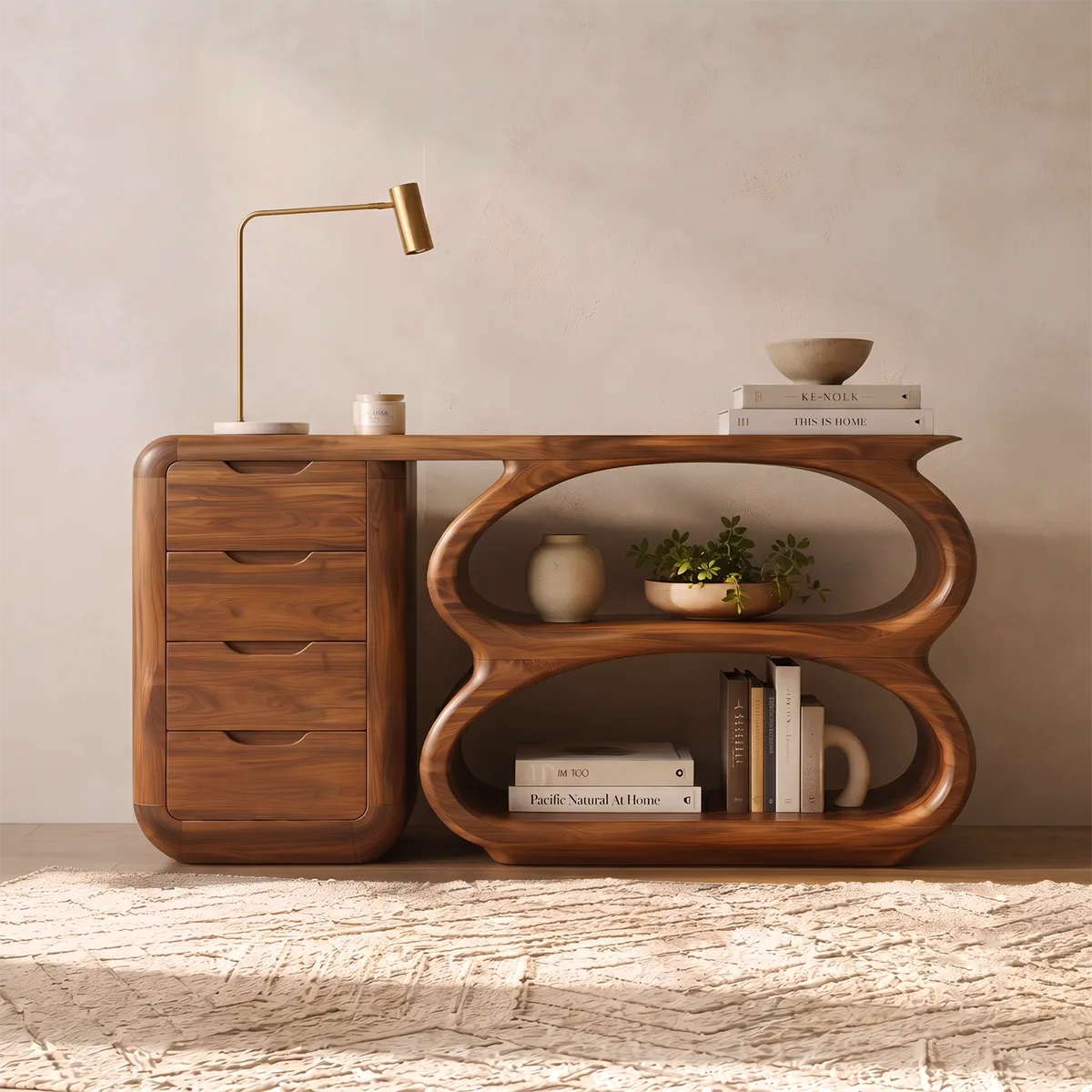 Modern Organic Storage Console Table with Drawers & Open Shelves | Solid Wood Entryway Console TT006-4338