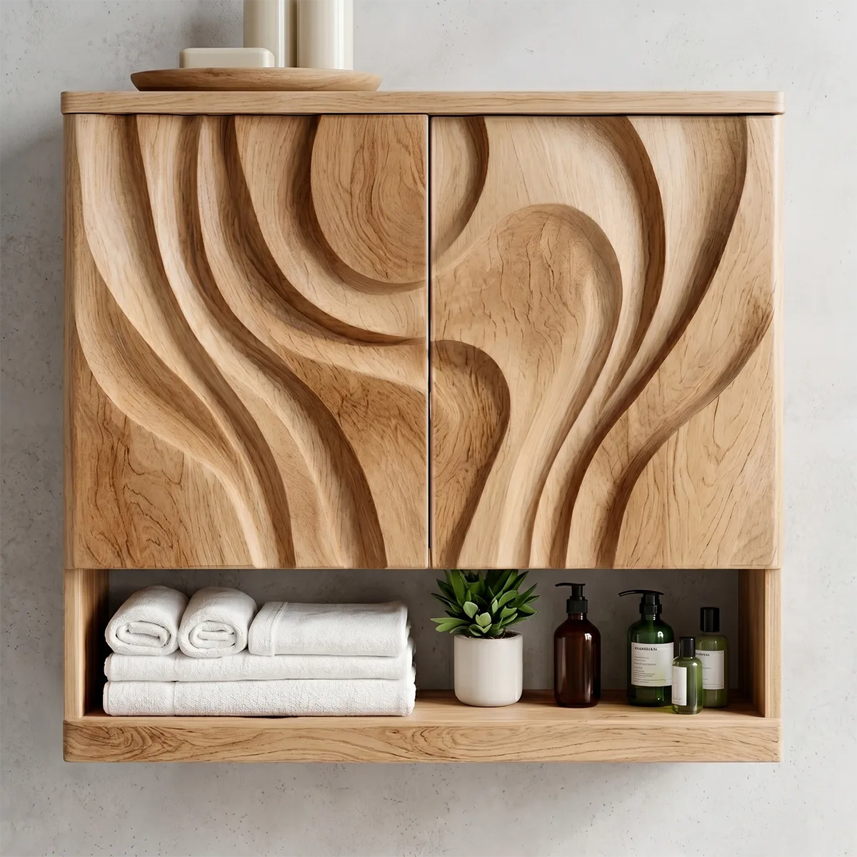 Solid Wood Floating Wall Cabinet Handcrafted Wave Front Bathroom Storage Cabinet