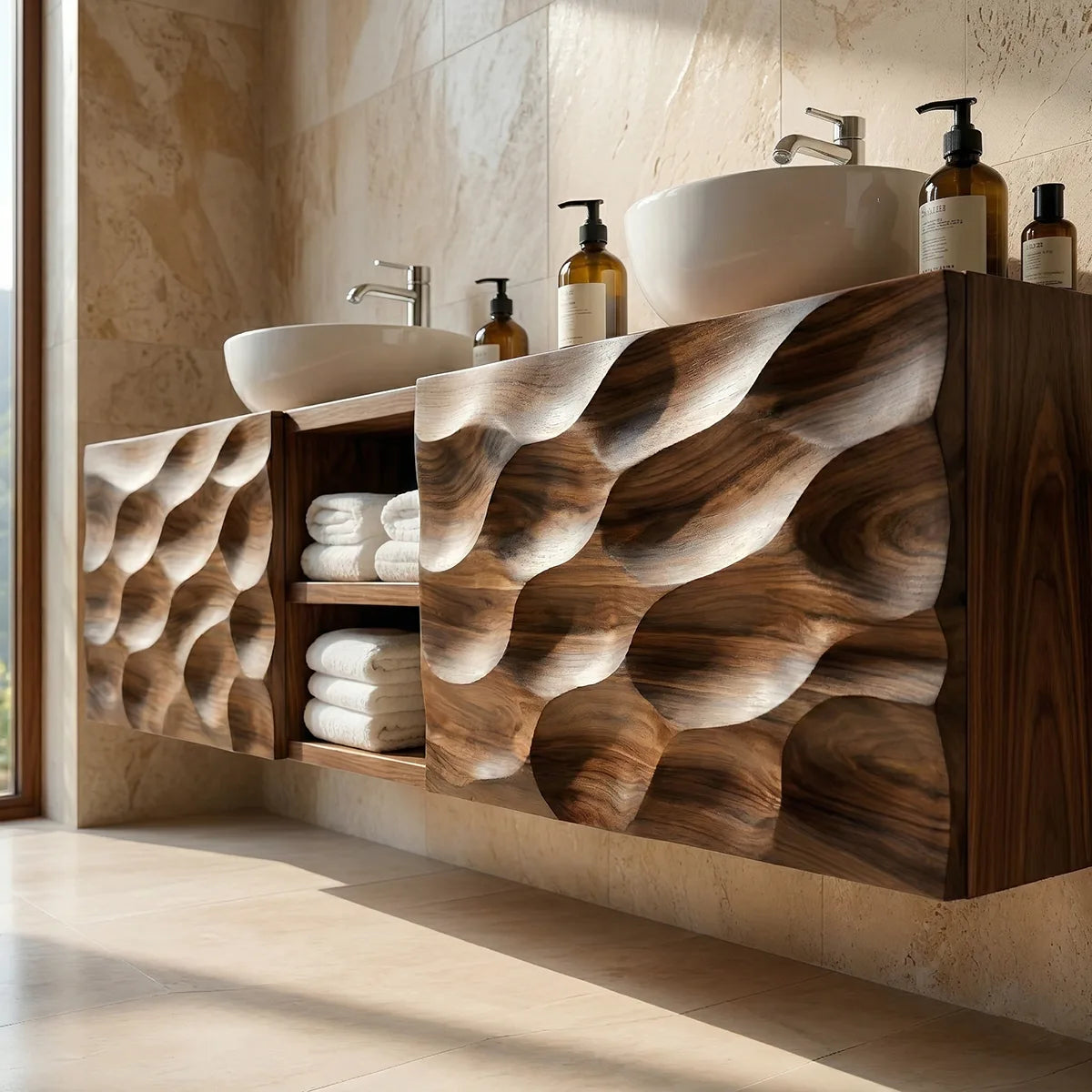 Floating Solid Wood Bathroom Vanity with Carved Doors and Open Center Shelf
