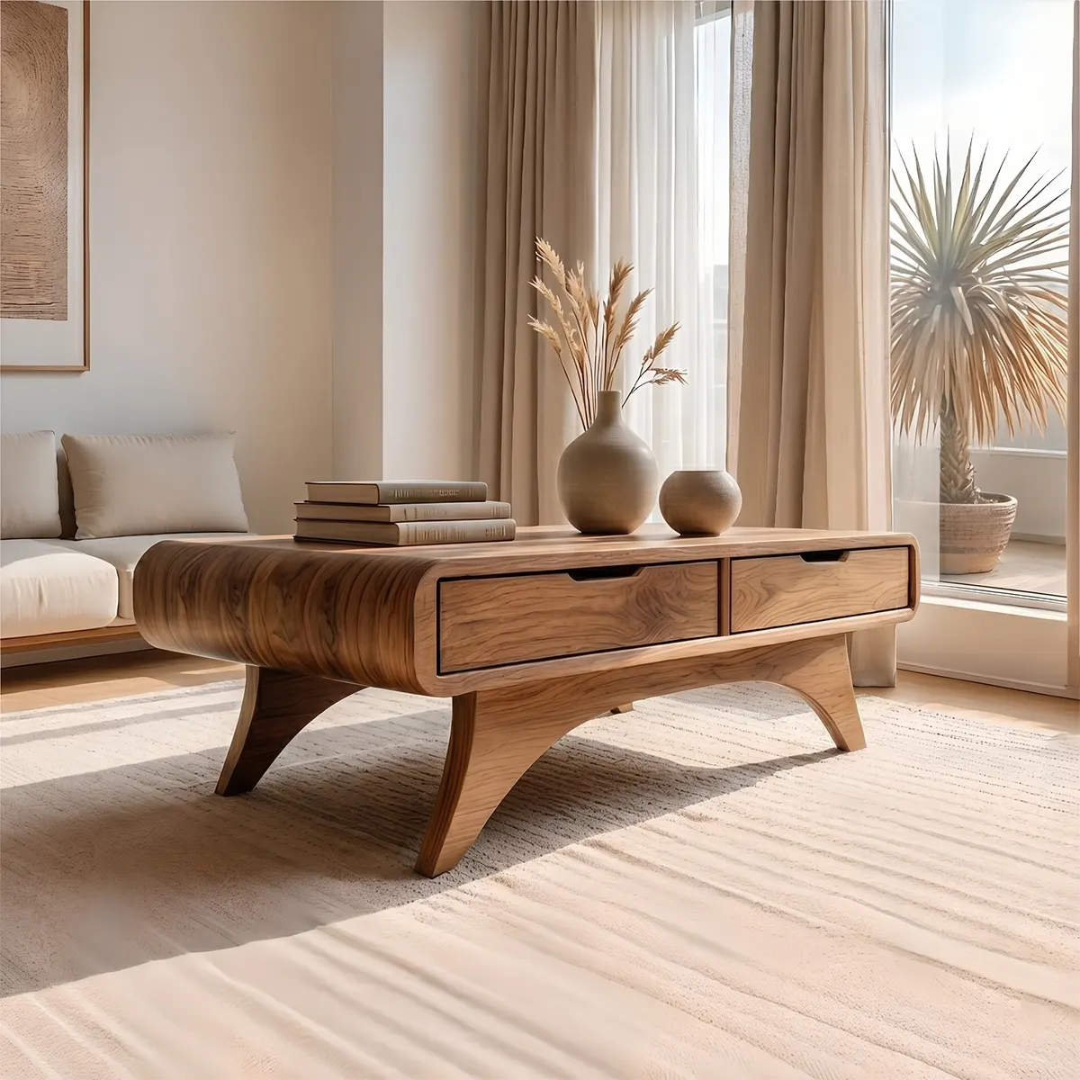 Mid Century Modern Solid Wood Coffee Table with Storage Drawers
