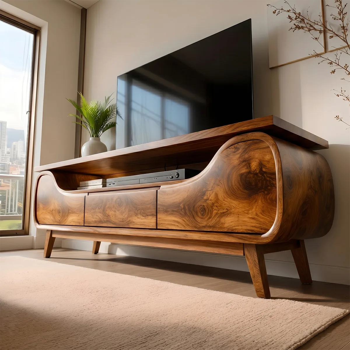 Mid Century Modern Solid Wood Sculptural TV Stand
