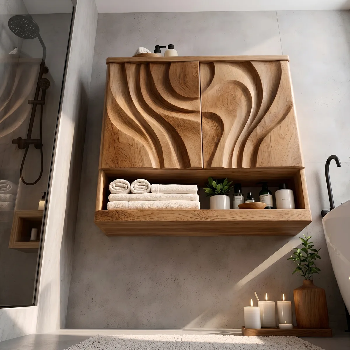 Solid Wood Floating Wall Cabinet Handcrafted Wave Front Bathroom Storage Cabinet