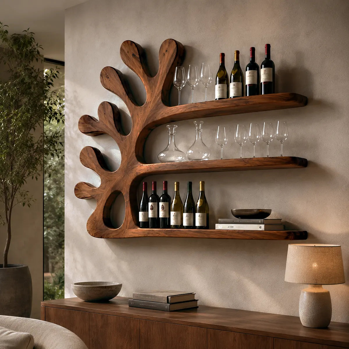 Sculptural Solid Wood Tree Wall Wine Rack for Home Bars & Wine Lovers TT006-9897