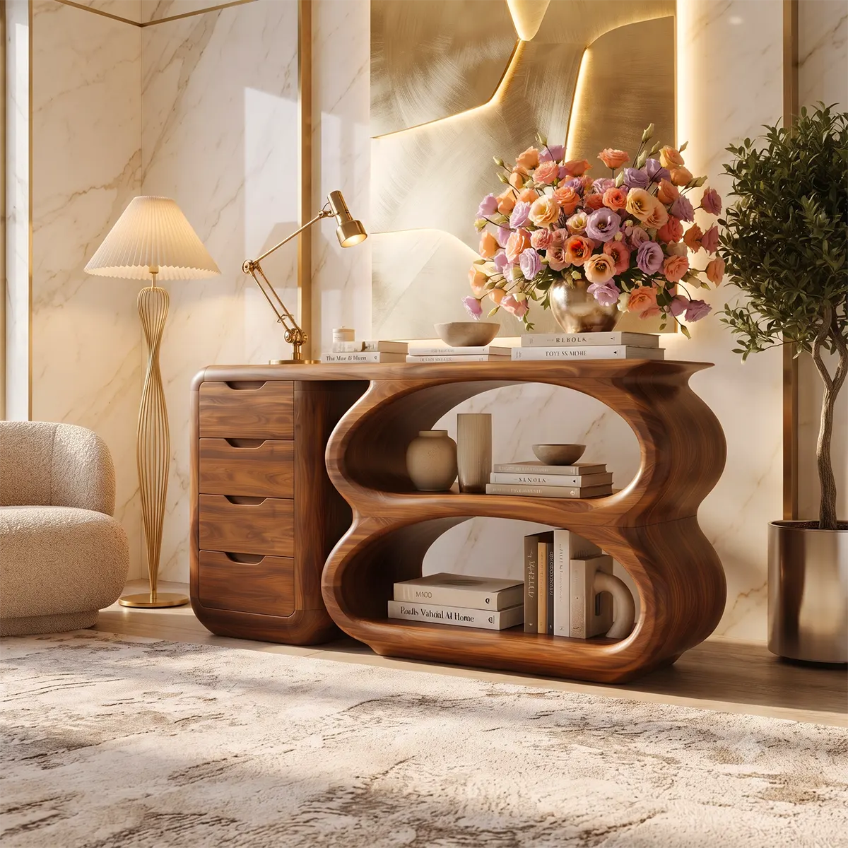 Modern Organic Storage Console Table with Drawers & Open Shelves | Solid Wood Entryway Console TT006-4338