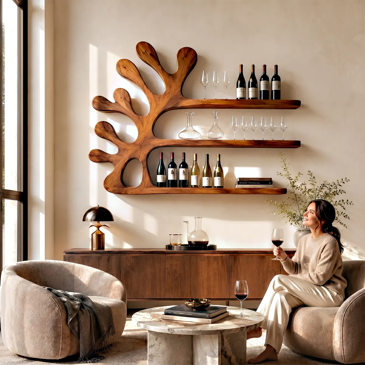 Sculptural Solid Wood Tree Wall Wine Rack for Home Bars & Wine Lovers TT006-9897