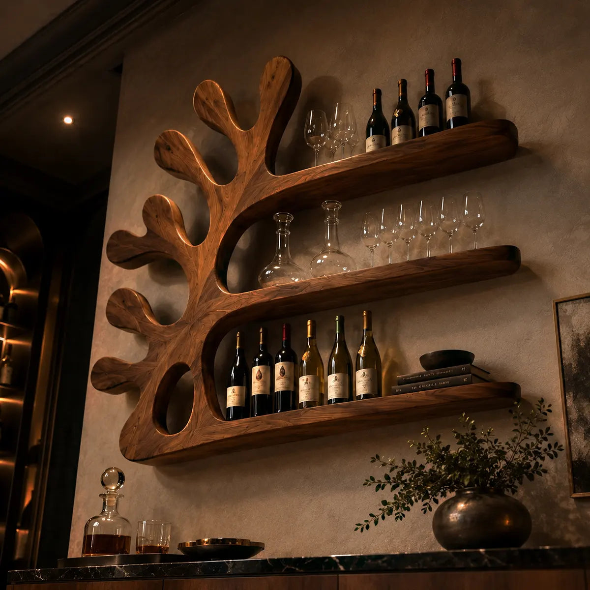 Sculptural Solid Wood Tree Wall Wine Rack for Home Bars & Wine Lovers TT006-9897