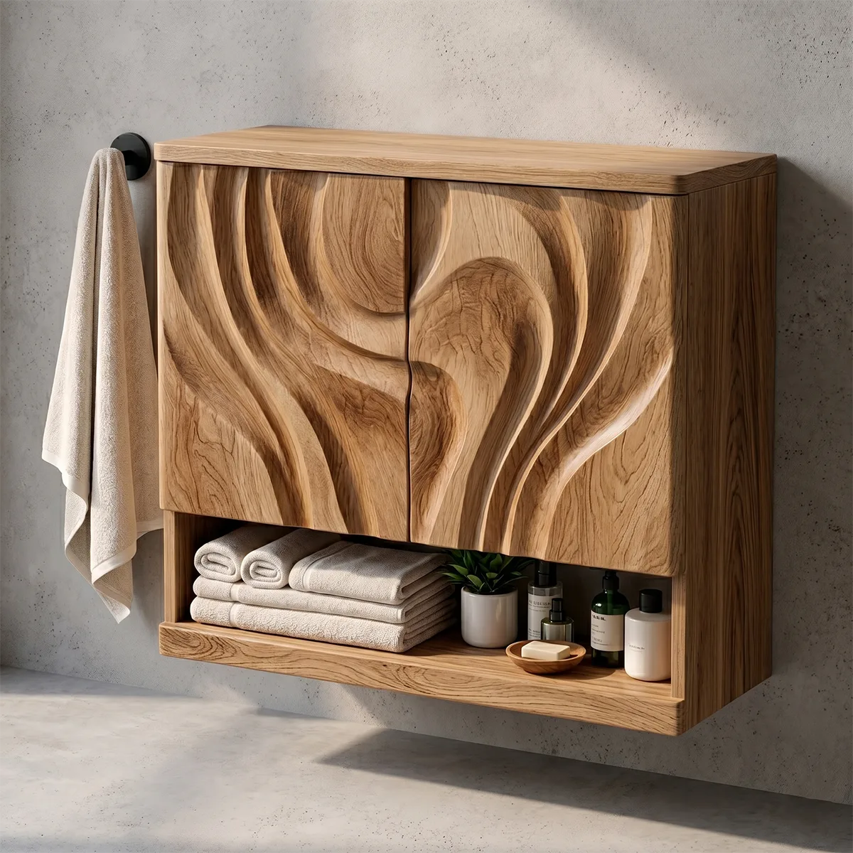 Solid Wood Floating Wall Cabinet Handcrafted Wave Front Bathroom Storage Cabinet