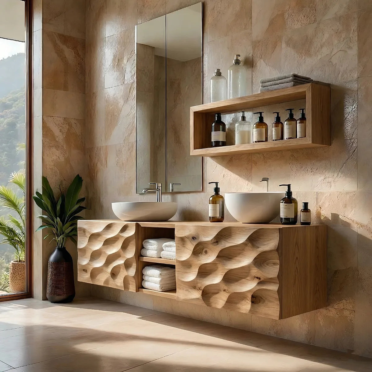 Floating Solid Wood Bathroom Vanity with Carved Doors and Open Center Shelf