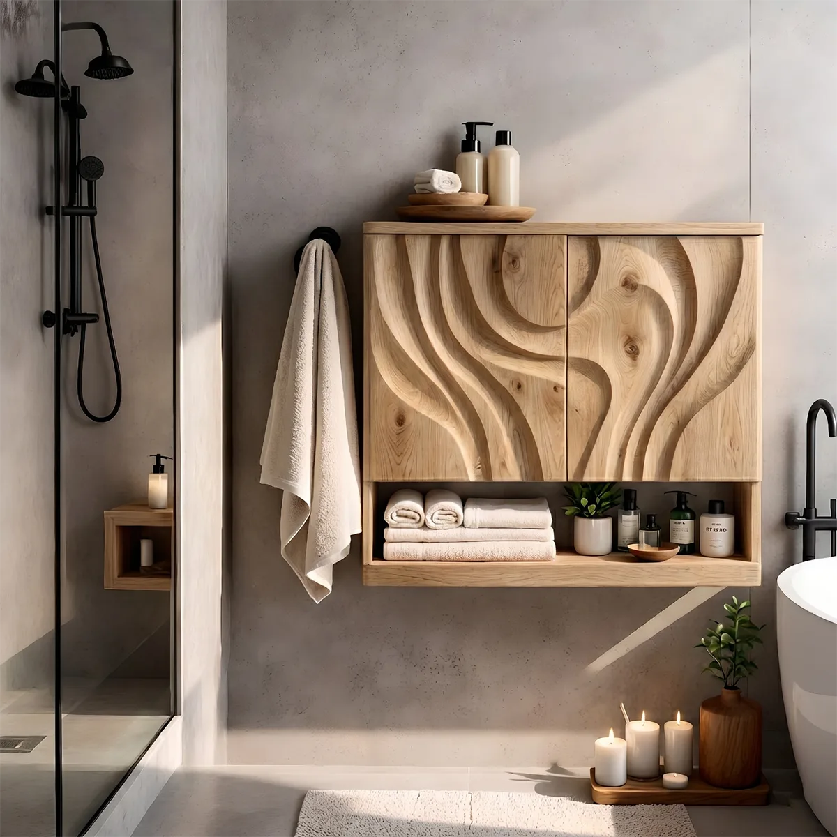 Solid Wood Floating Wall Cabinet Handcrafted Wave Front Bathroom Storage Cabinet