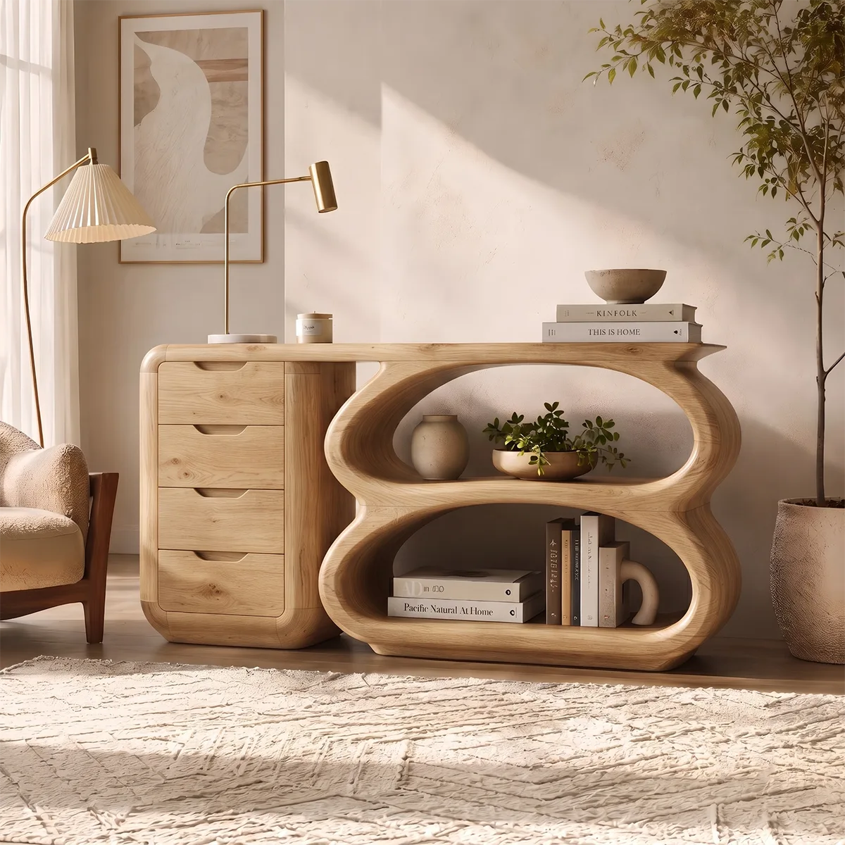 Modern Organic Storage Console Table with Drawers & Open Shelves | Solid Wood Entryway Console TT006-4338