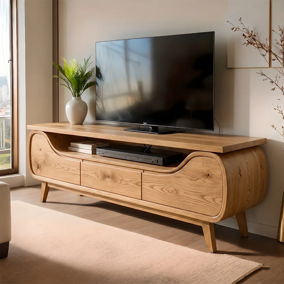 Mid Century Modern Solid Wood Sculptural TV Stand
